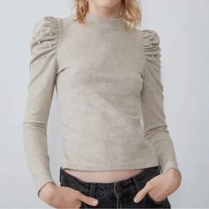 Zara Oatmeal Puff Sleeve Top with Pearls